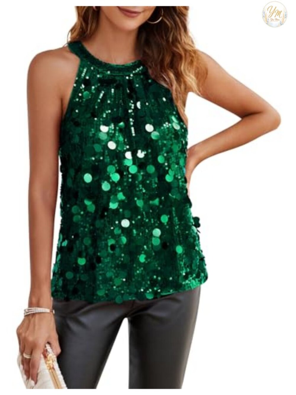 Halter Sequin Tank Top Sleeveless Ruched Flowy Bling Party Club Shirt